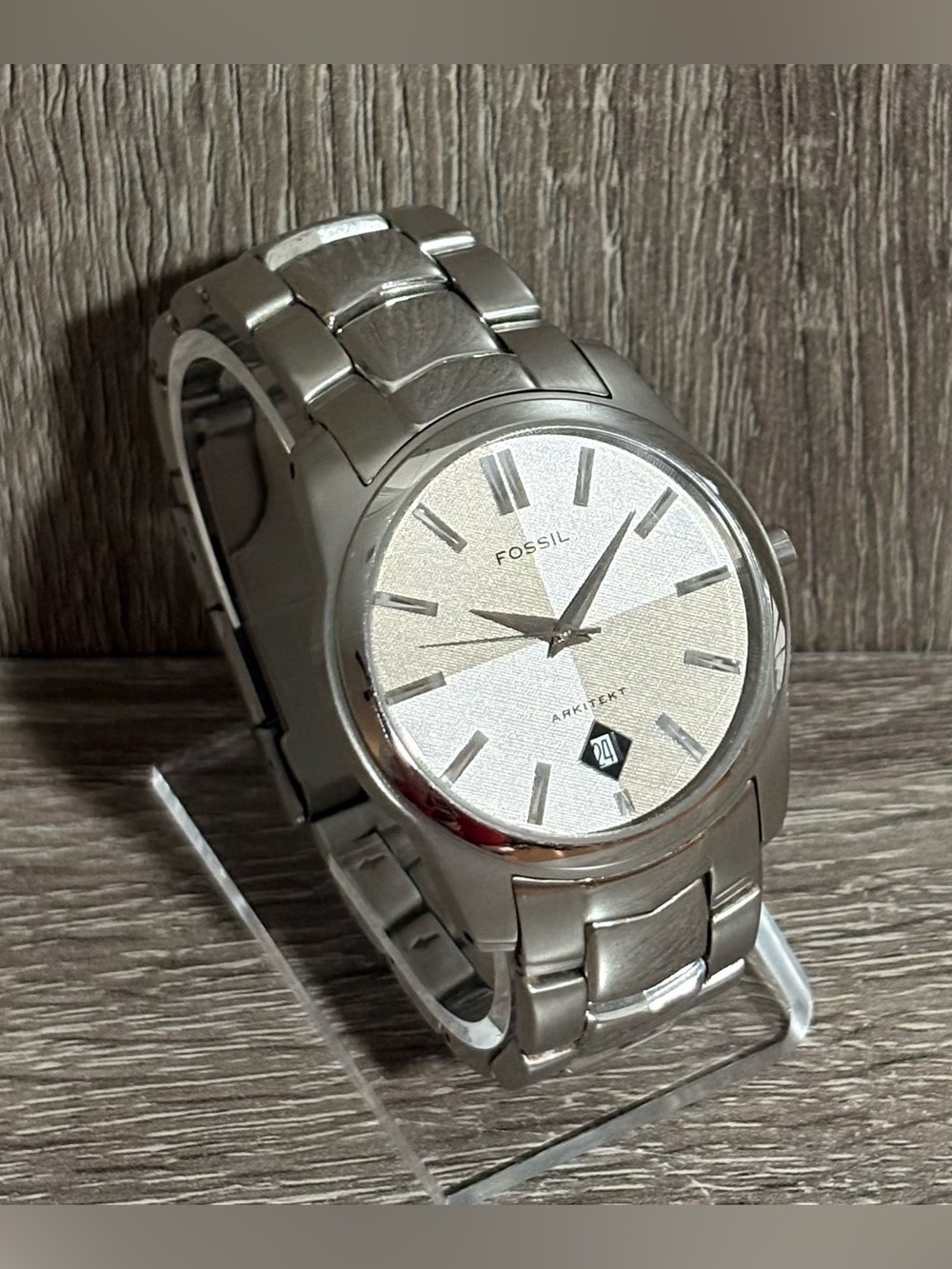Retro Gray Fossil Arkitekt Stainless Steel Men’s Watch With New Battery